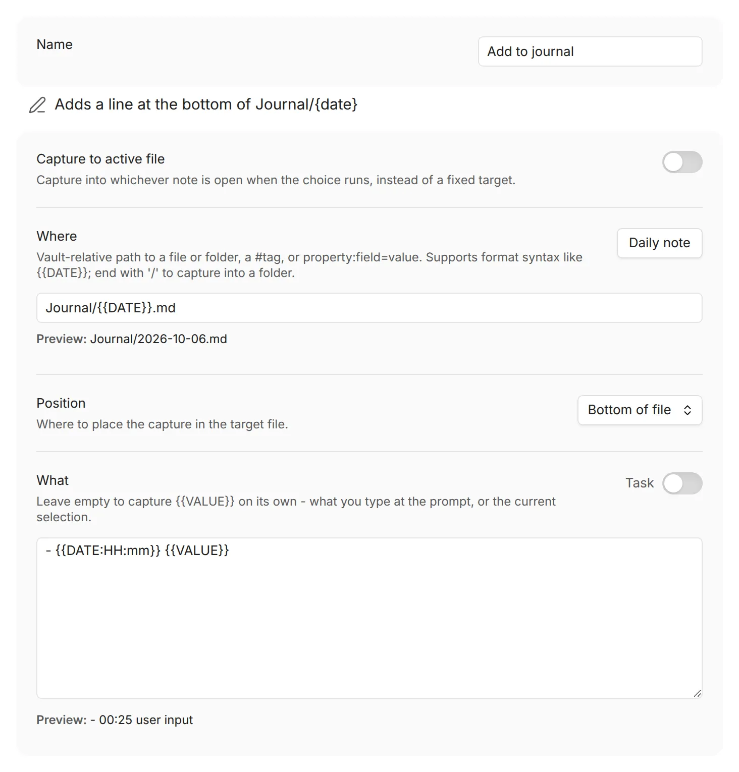 The QuickAdd Capture builder page: the Name field, the line that says what the capture does, and the Where, Position, and What settings