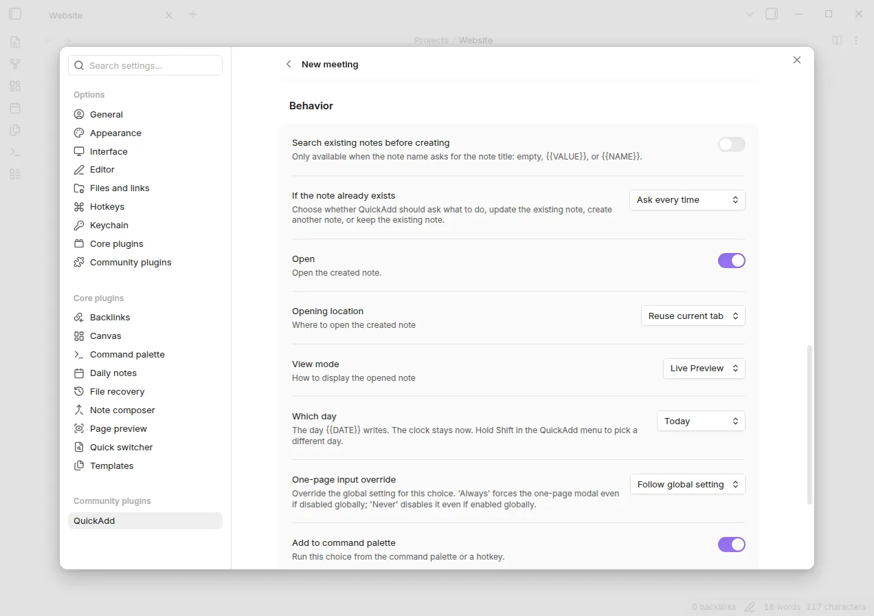 The New meeting choice’s Behavior settings with Open on, Opening location set to Reuse current tab, and View mode set to Live Preview