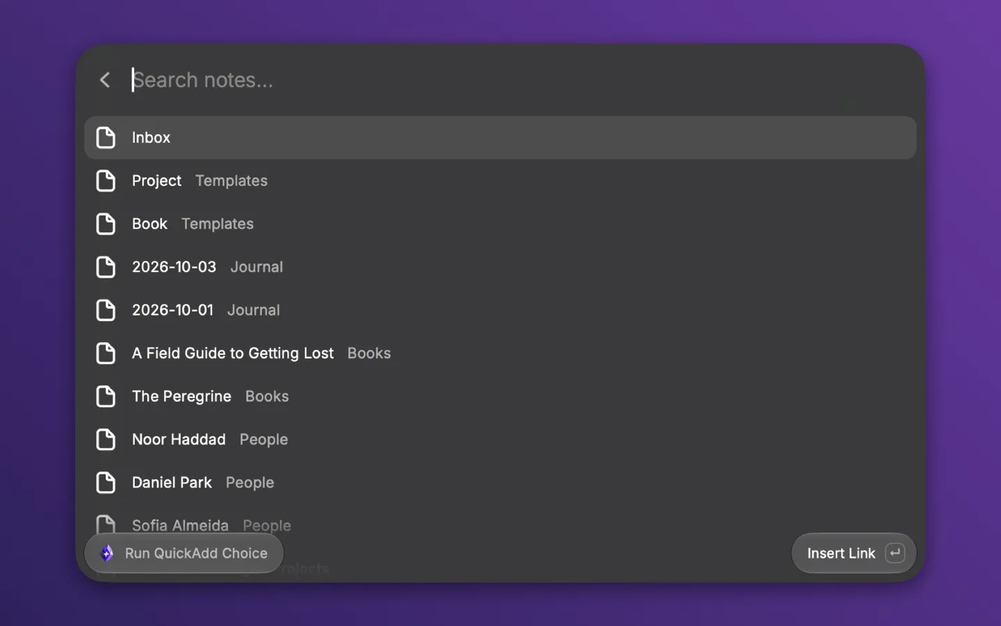 The note picker that opens after typing two square brackets, listing the vault’s notes with their folders and an Insert Link action